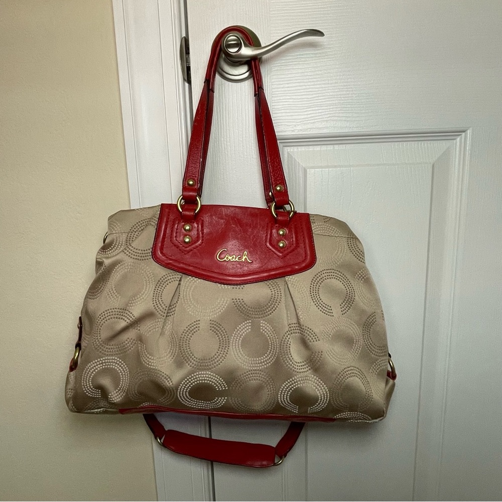 Coach Ashley Dotted OP Art Convertible Satchel Khaki with Red Leather